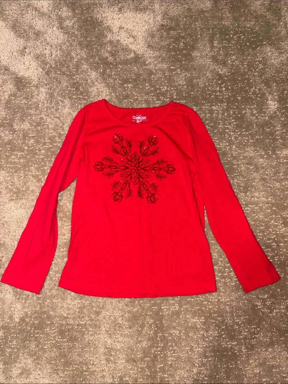 OshKosh B'gosh Long-Sleeve Red Tee with Dark Red/Sequin Snowflake (Size 7)